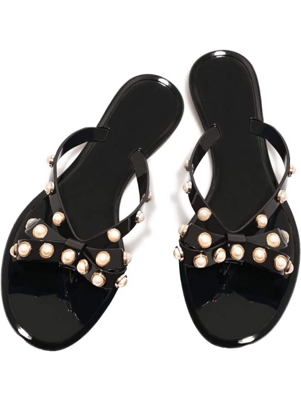 🆕Women's Black Rivet Flip Flops Studded Thong Sandals with Bow Flat Beach
